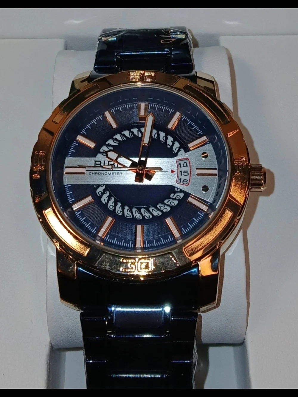 ​BIBI Chronometer Mens Quartz Watch Blue Rose Gold Steel Link Band New Box